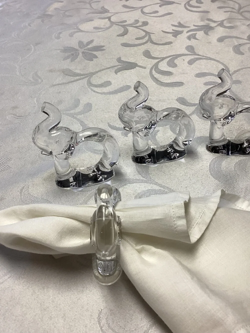 Lucite ELEPHANT TRUNK UP NAPKIN HOLDERS. BOXED CLEAR TAIWAN